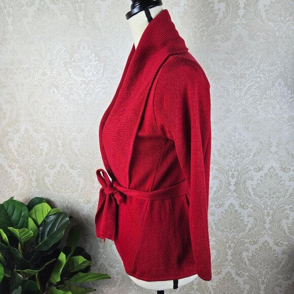 BCBGMaxAzria Size Medium Red 100% Merino Wool Sweater Cardigan Waist Tie Belt - Picture 4 of 11